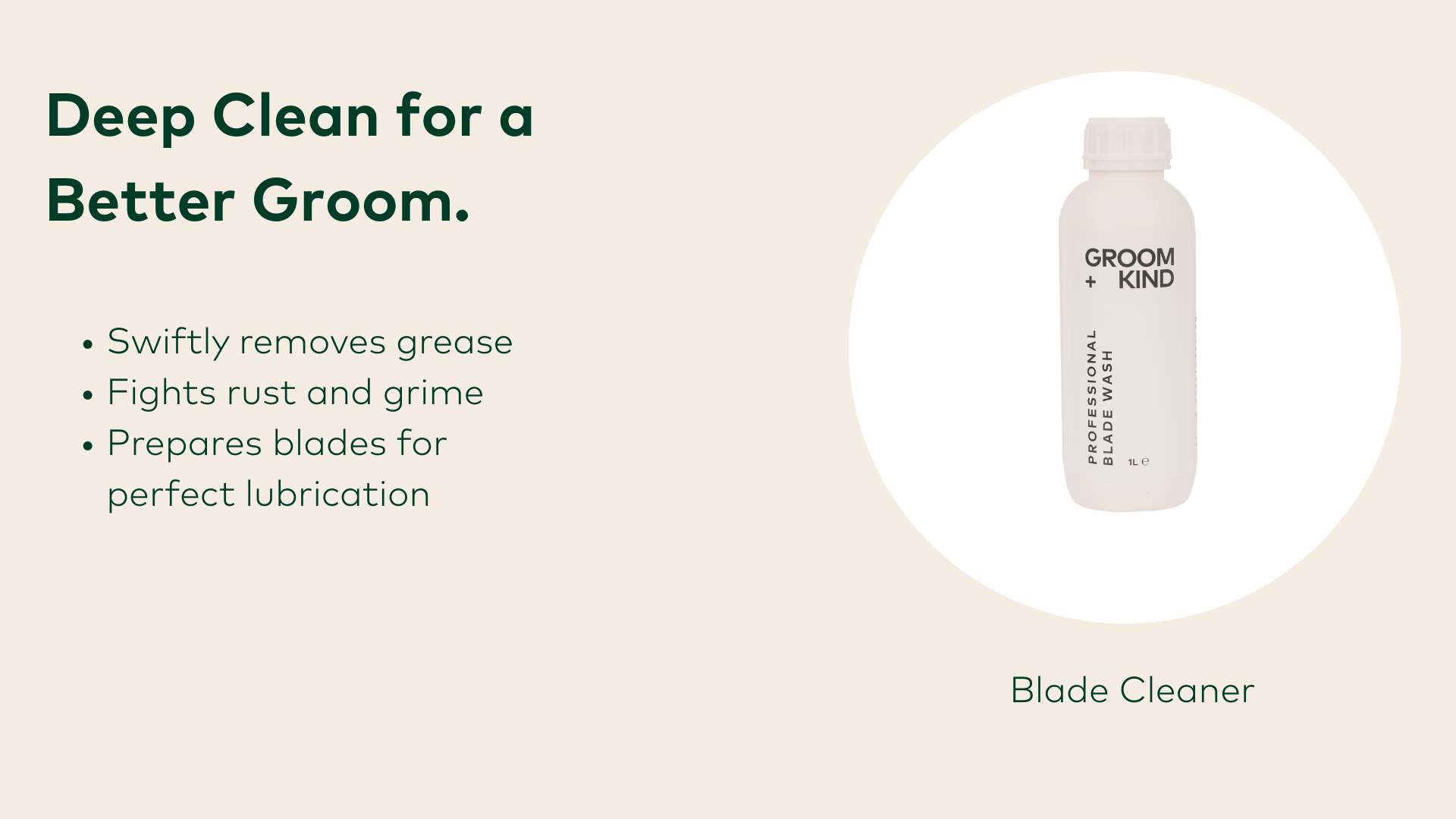 Bottle of Groom + Kind Blade Cleaner with text on a beige background