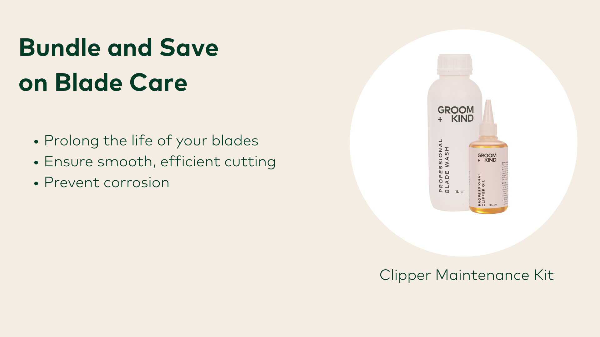 Groom + Kind clipper maintenance kit with text on a beige background.