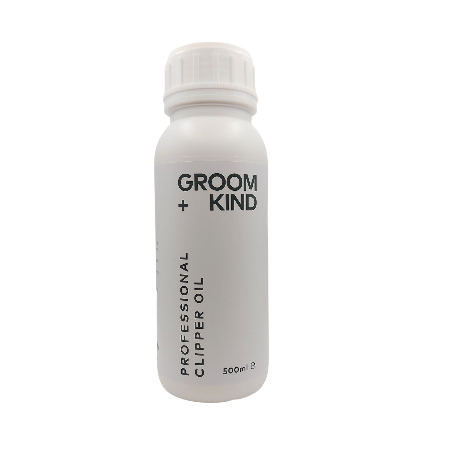 500ml Bottle of Groom + Kind professional clipper oil on a white background
