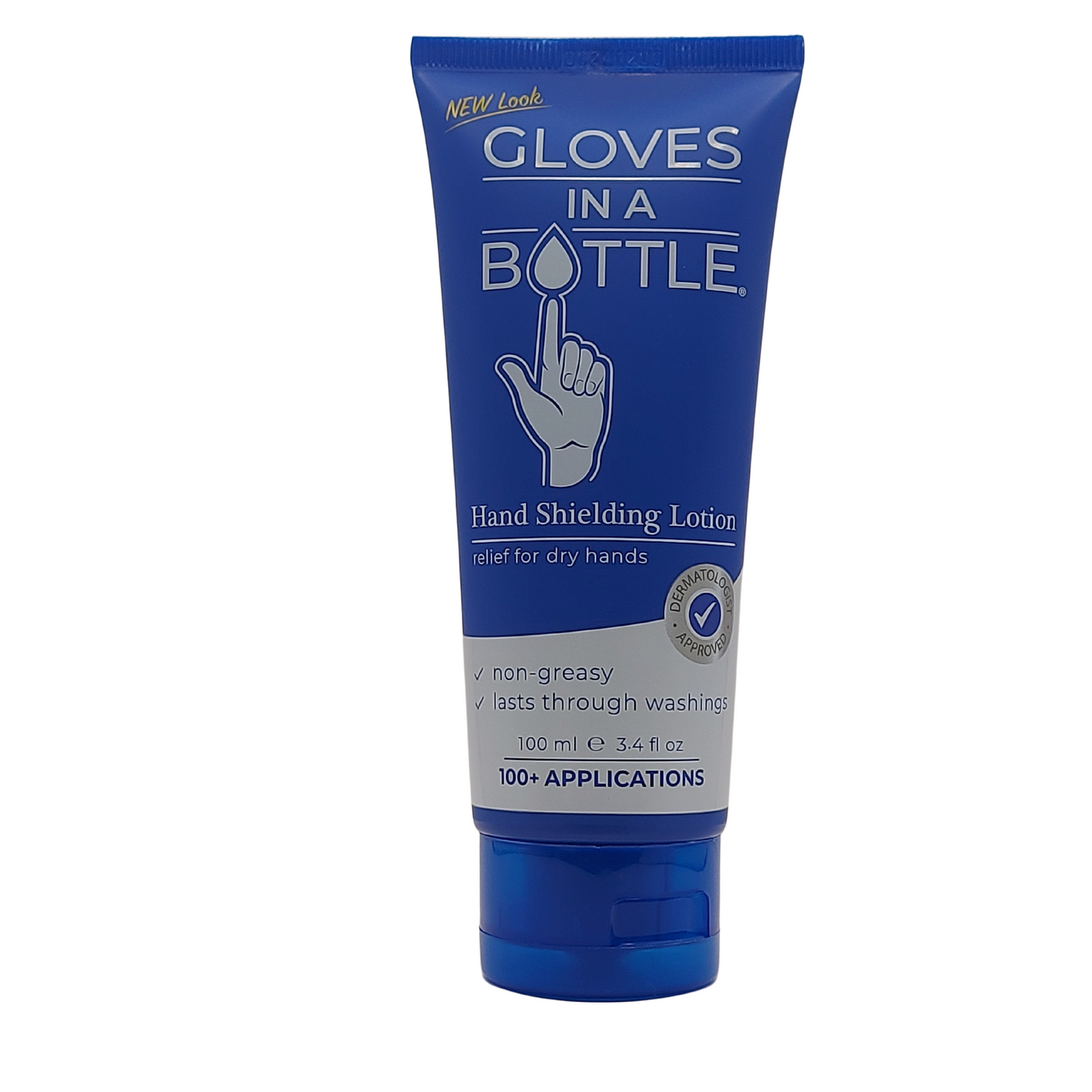 Blue tube of 'Gloves in a Bottle' hand shielding lotion on a white background