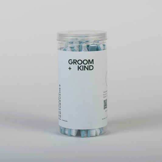 Jar of professional toothbrushes labeled 'Groom + Kind' on a white background.
