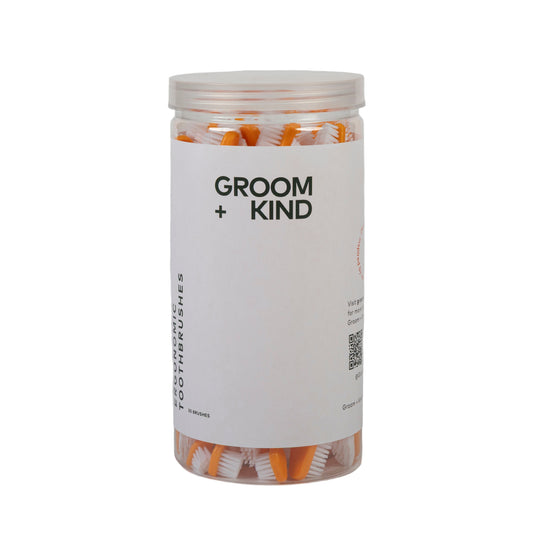 Jar of professional toothbrushes labeled 'Groom + Kind' on a white background
