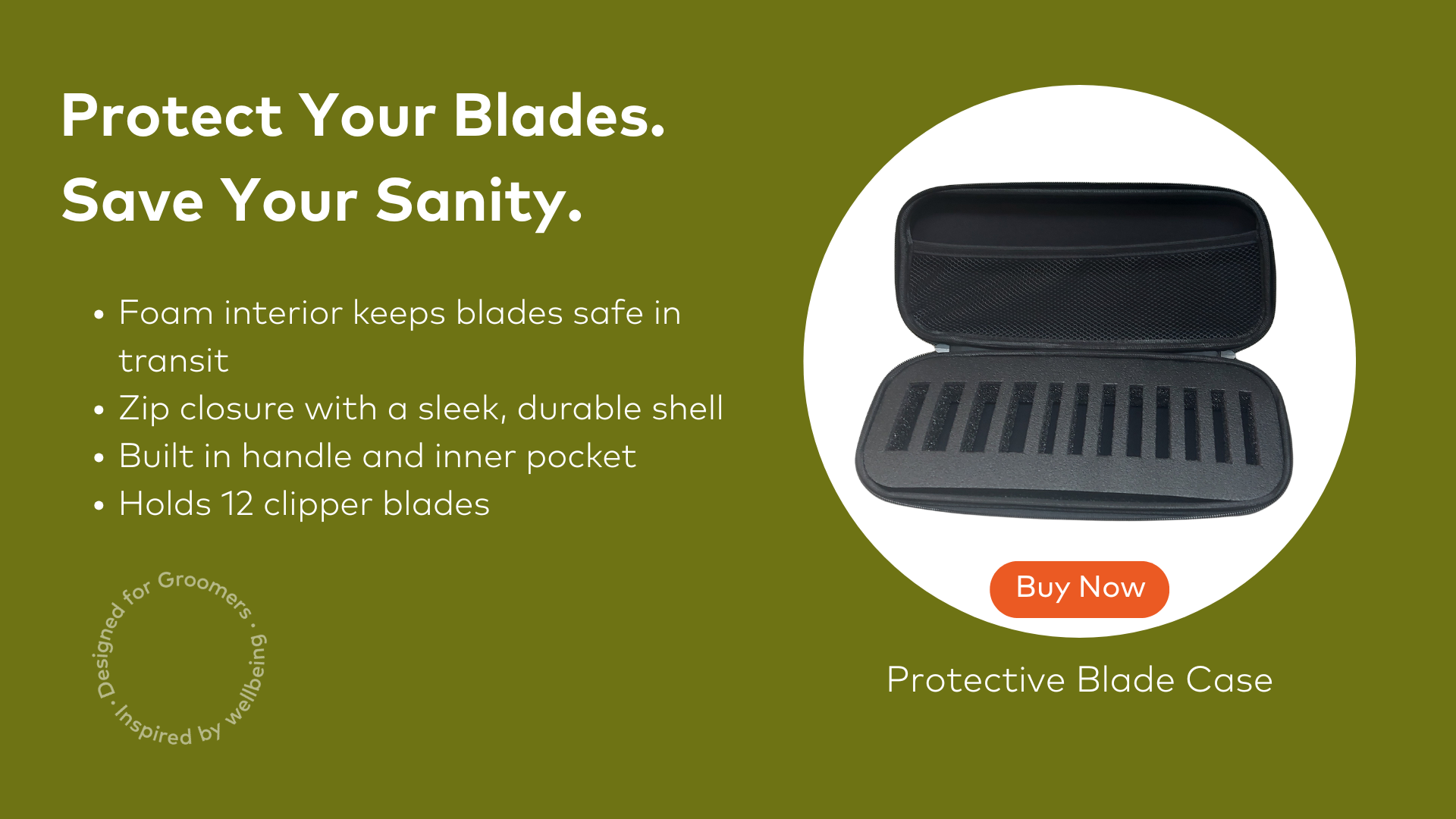 Black protective blade case with text on a green background