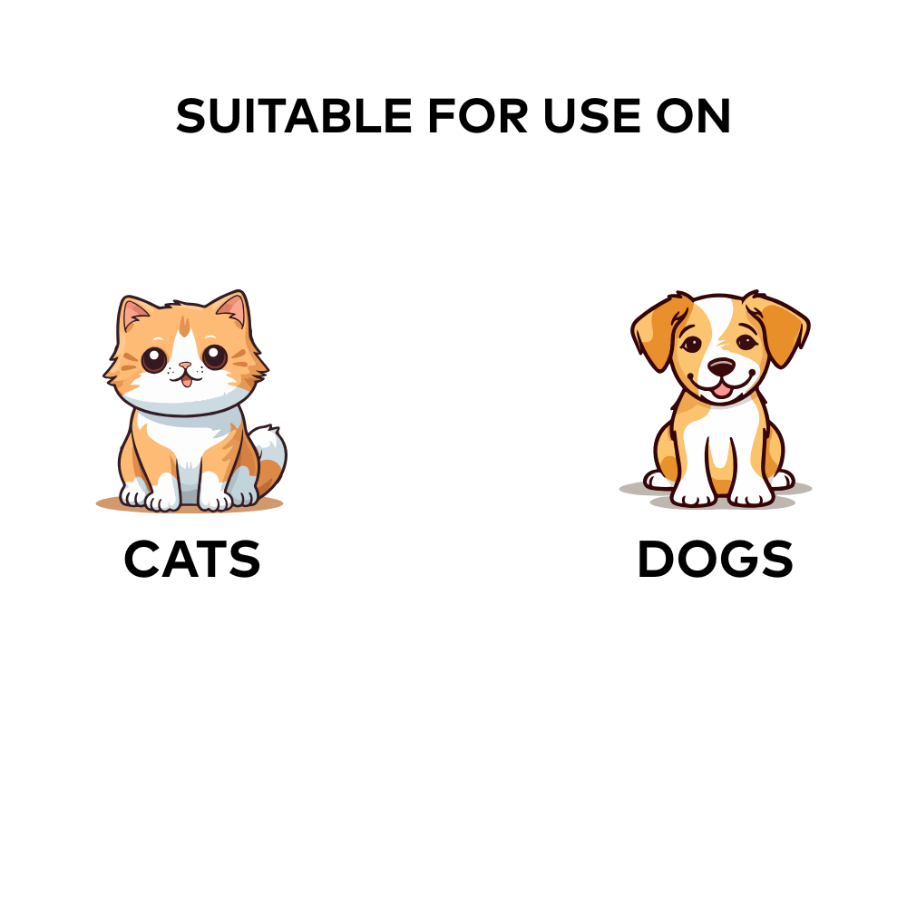 Cartoon cat and dog with text 'Suitable for use on cats and dogs' on a white background