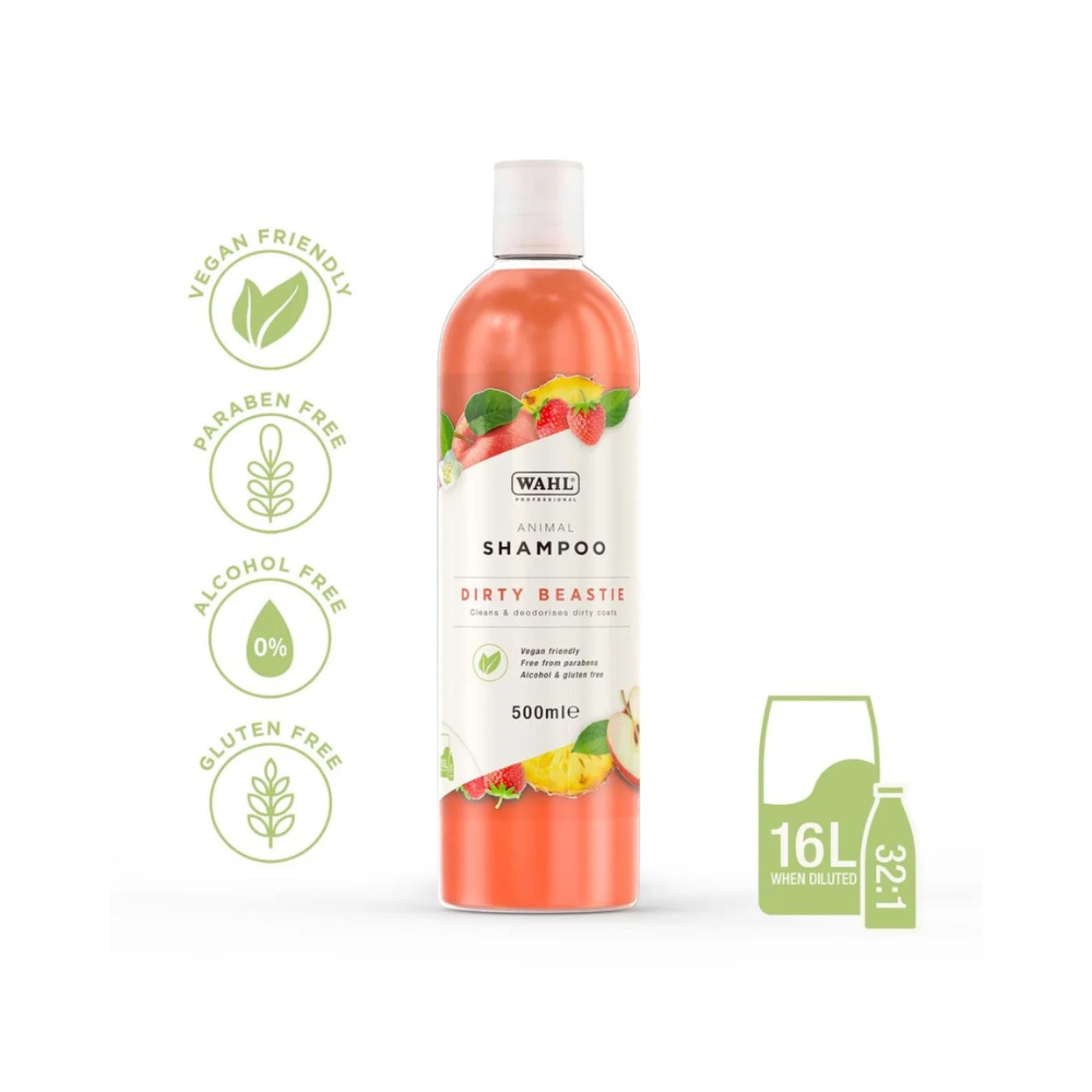 Wahl Dirty Beastie shampoo 500ml Details – tough cleaning for dogs with dirty, muddy coats.