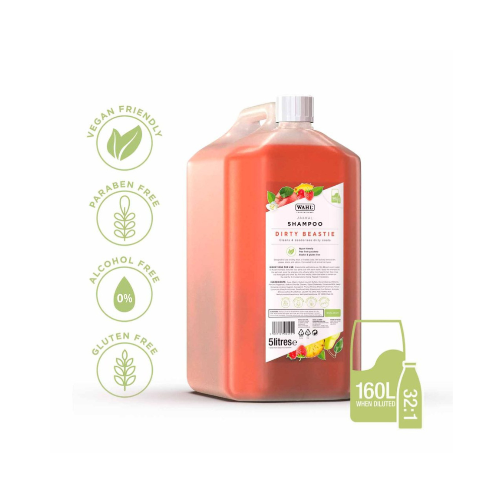 Wahl Dirty Beastie shampoo 5L Details – tough cleaning for dogs with dirty, muddy coats.