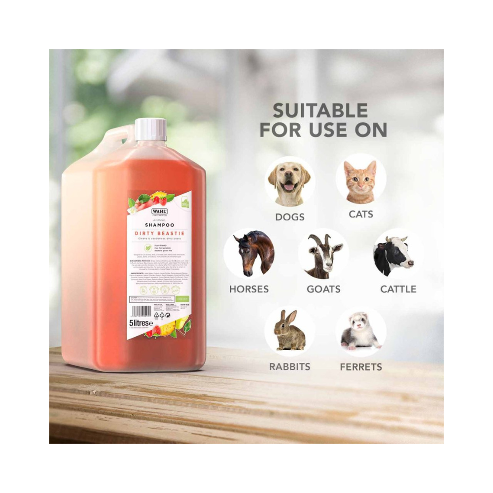 Wahl Dirty Beastie shampoo 5L Suitability – tough cleaning for dogs with dirty, muddy coats.