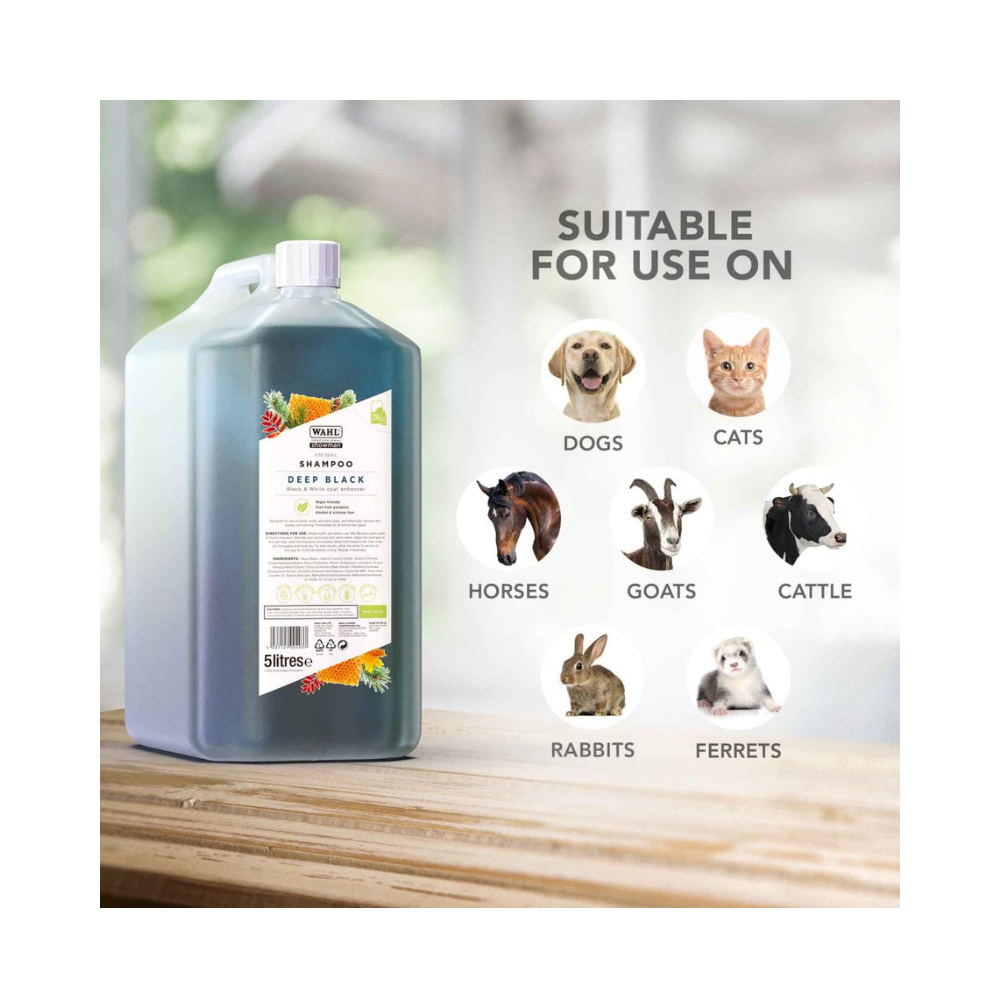 5L Deep Black shampoo bottle with animal suitability chart on a wooden surface.