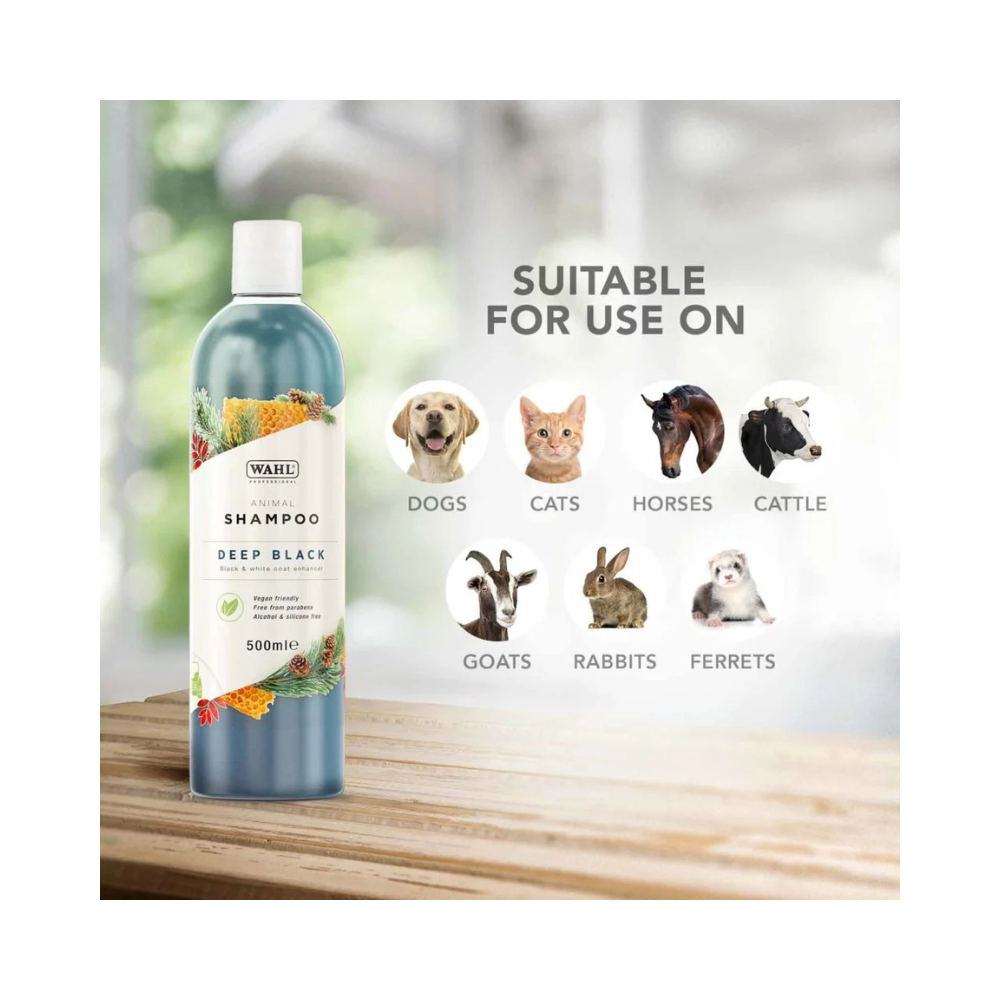 Wahl deep black 500ml Shampoo bottle with animal suitability chart on a wooden surface