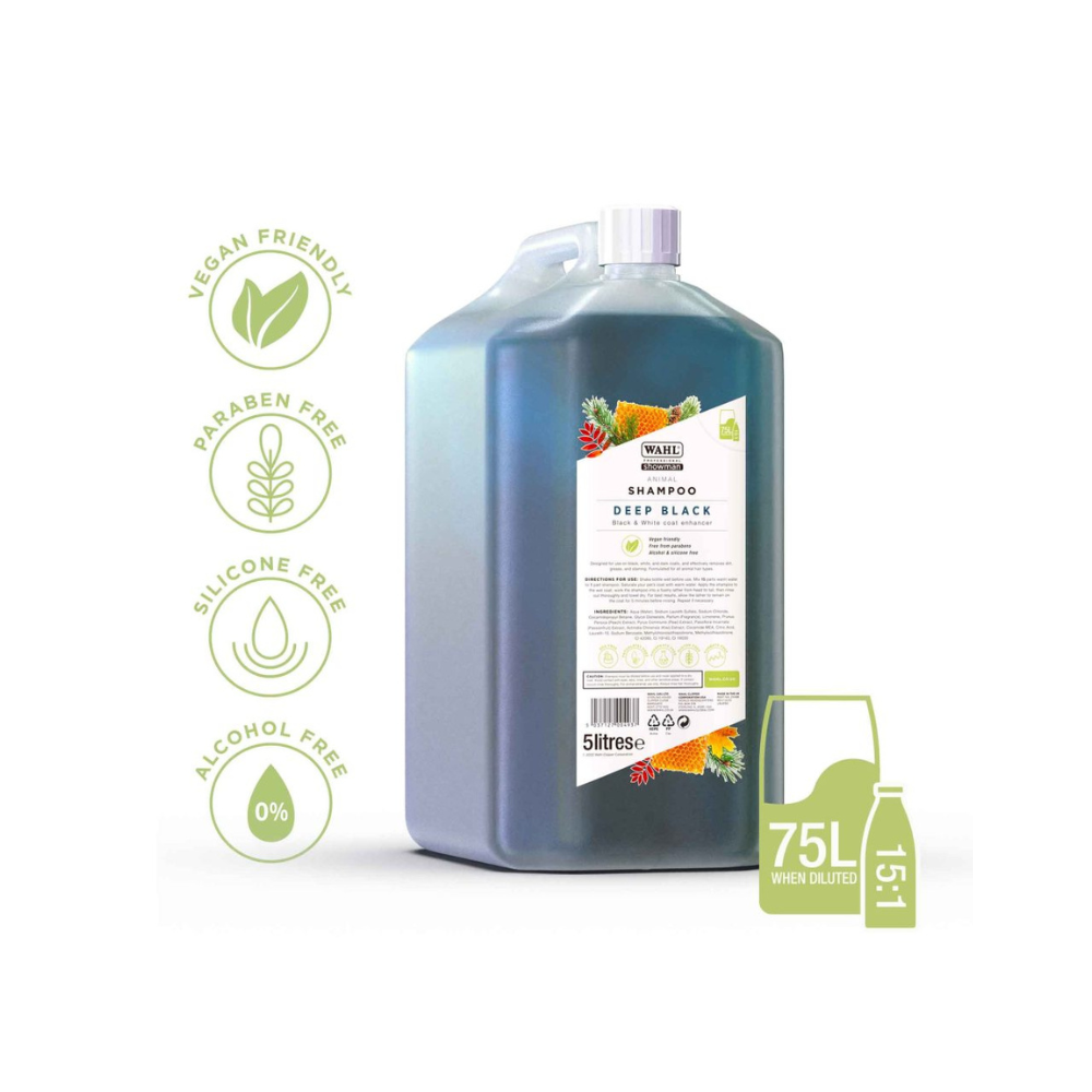 5L bottle of Deep Black shampoo with vegan, paraben-free, silicone-free, and alcohol-free labels on a white background.
