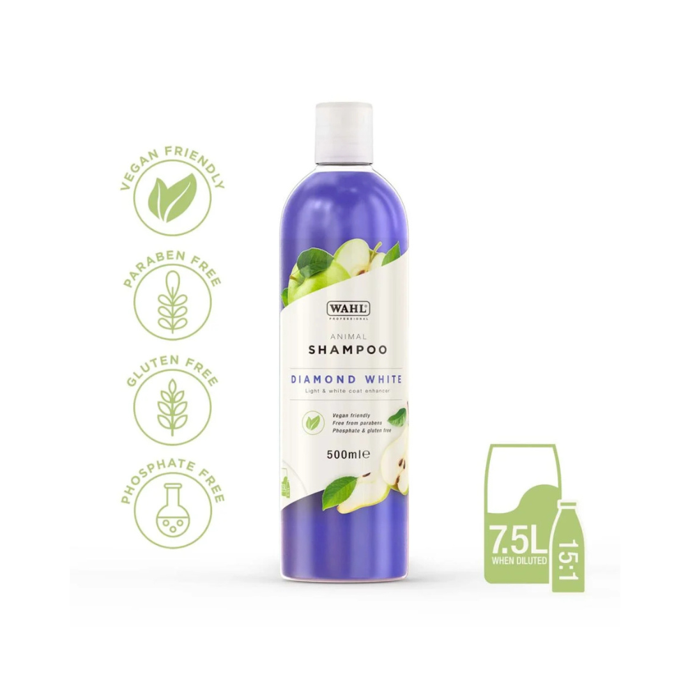 Wahl Diamond White 500ml shampoo bottle with vegan, paraben-free, gluten-free, and phosphate-free icons on a white background.