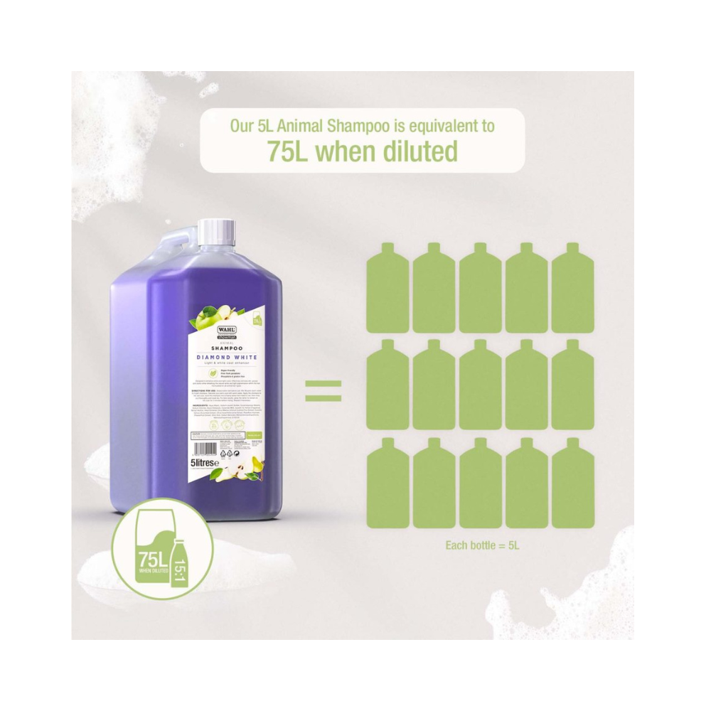 Wahl Diamond White 5L bottle of animal shampoo with green labels indicating volume equivalence on a white background.