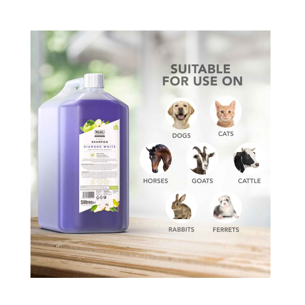 Wahl Diamond White 5L Pet shampoo bottle with animal illustrations indicating suitability for various animals on a blurred background.
