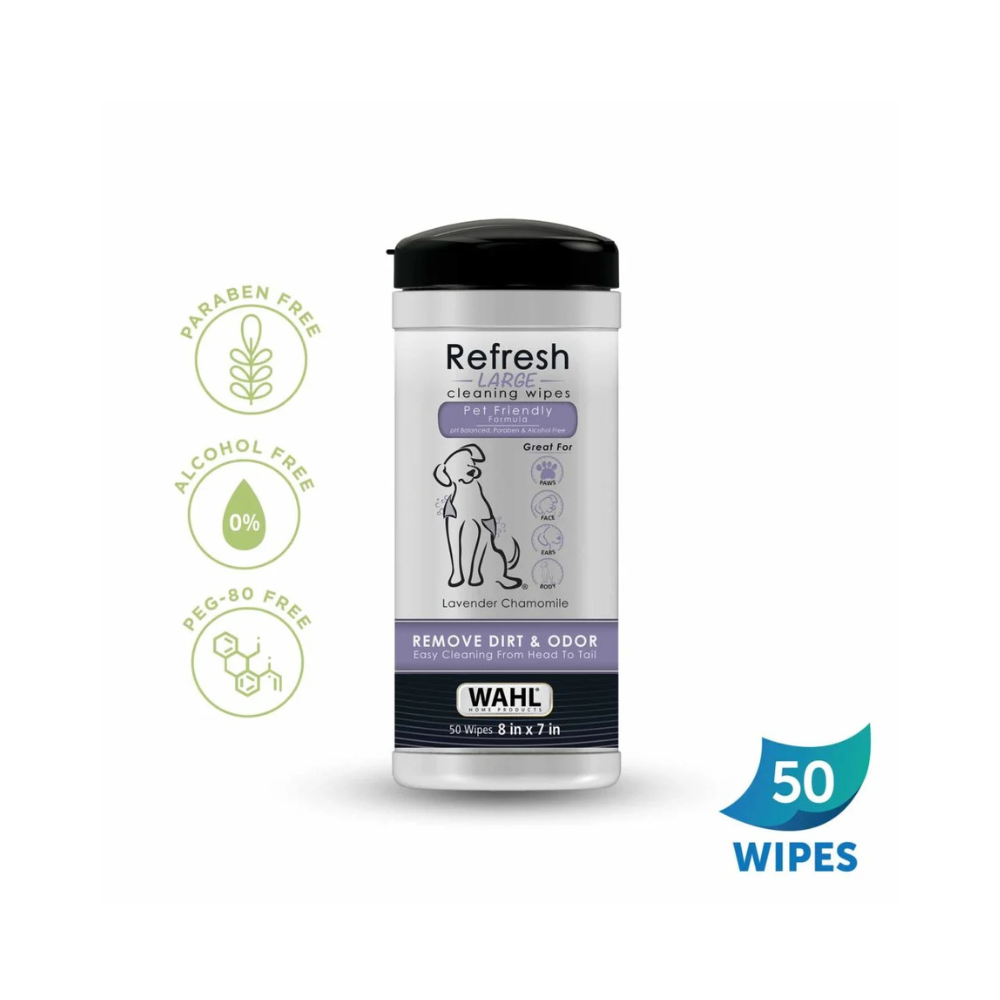 50 Wahl fefresh cleaning wipes in a container.