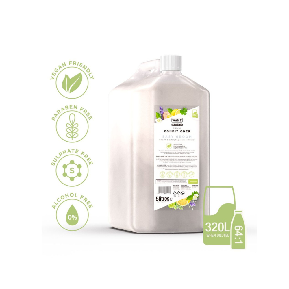 5L Wahl Showman conditioner bottle with vegan, paraben-free, sulfate-free, and alcohol-free labels on a white background.