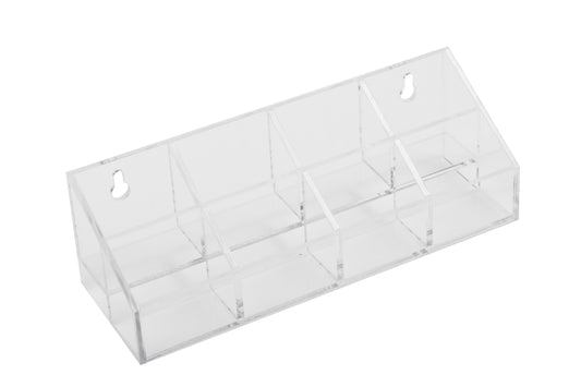 Clear plastic clipper blade display tray with multiple compartments on a white background