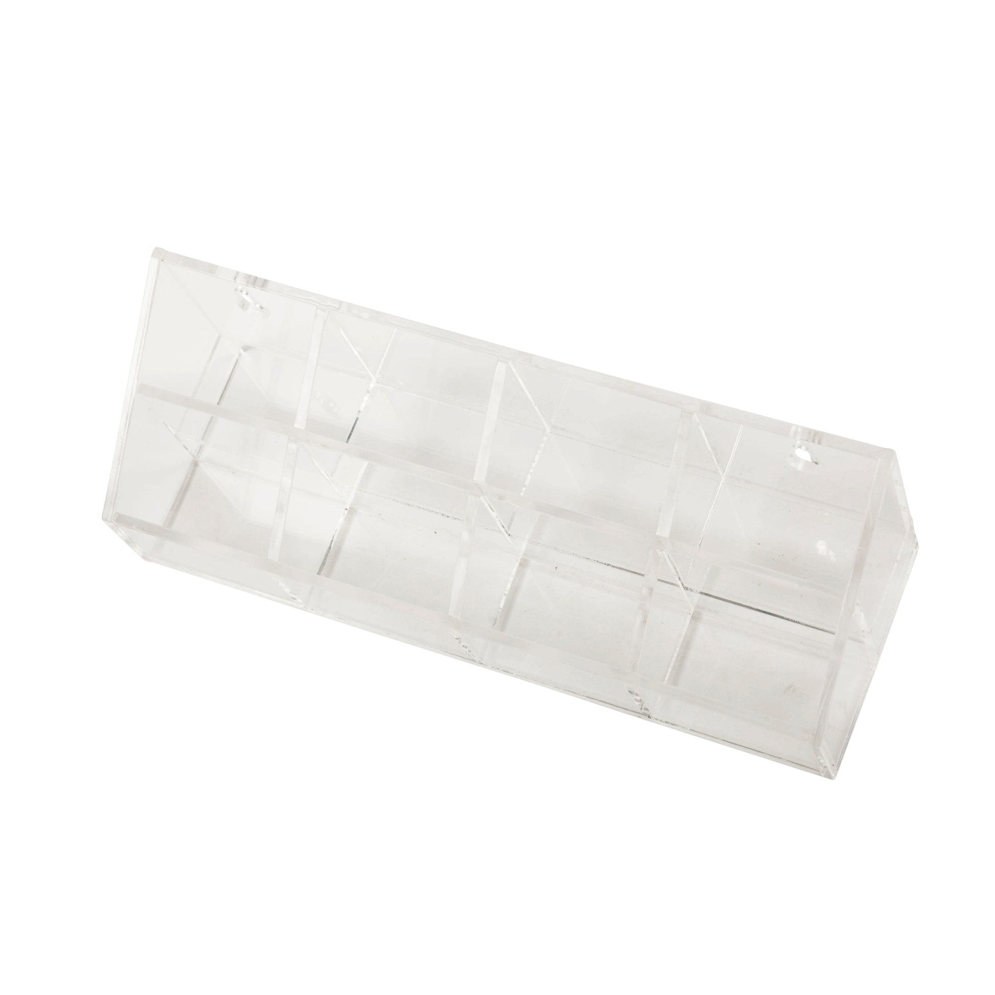 Clear plastic clipper blade display case on a white background