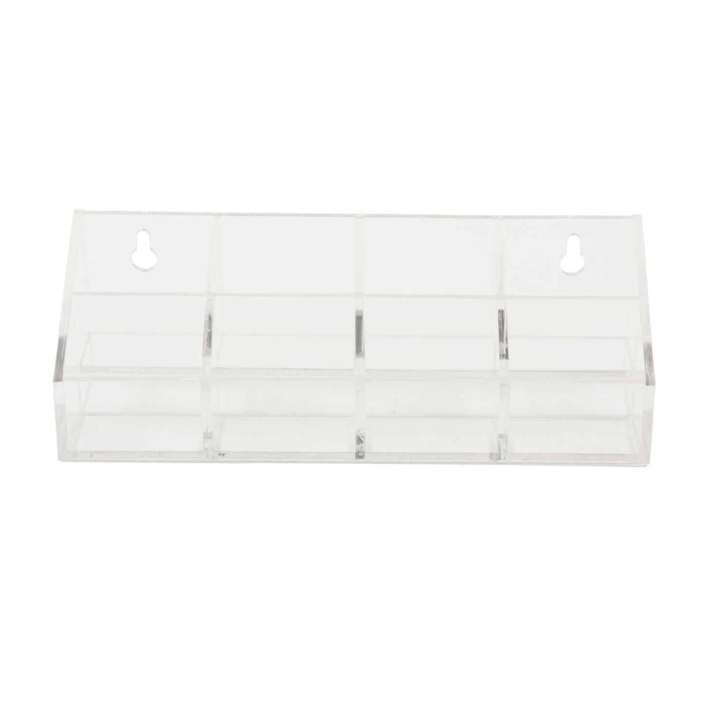 Clear plastic clipper blade display tray with multiple compartments on a white background