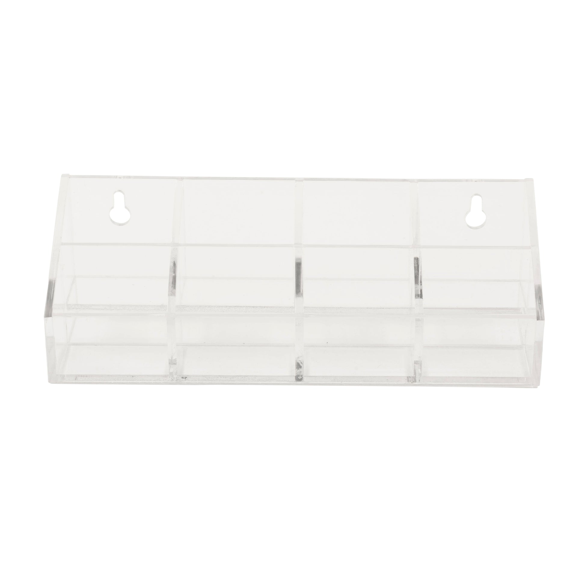 Clear plastic clipper blade display tray with multiple compartments on a white background