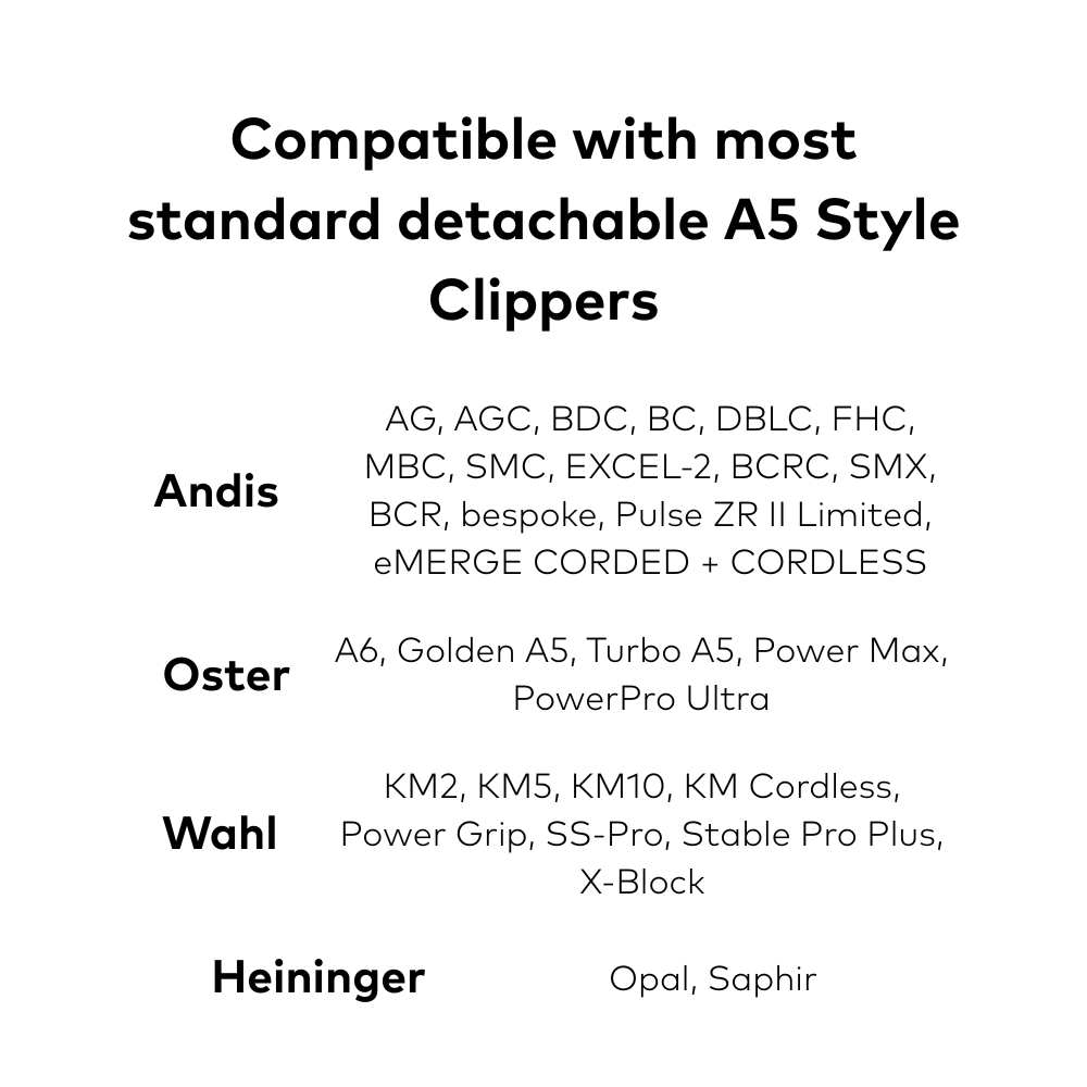 List of compatible detachable A5 style clippers on a white background
