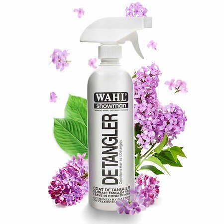 Wahl Showman Detangler bottle with purple flowers and green leaves on a white background
