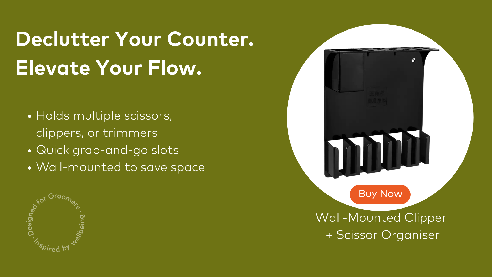 Wall-mounted clipper and scissor organizer with text on a green background