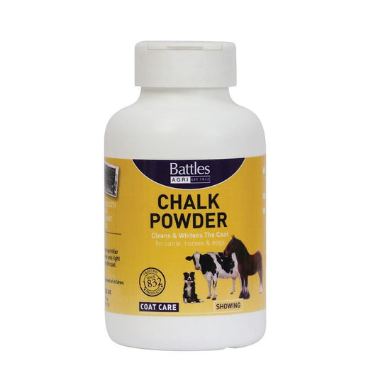 Bottle of Battles Chalk Powder with a yellow label on a white background