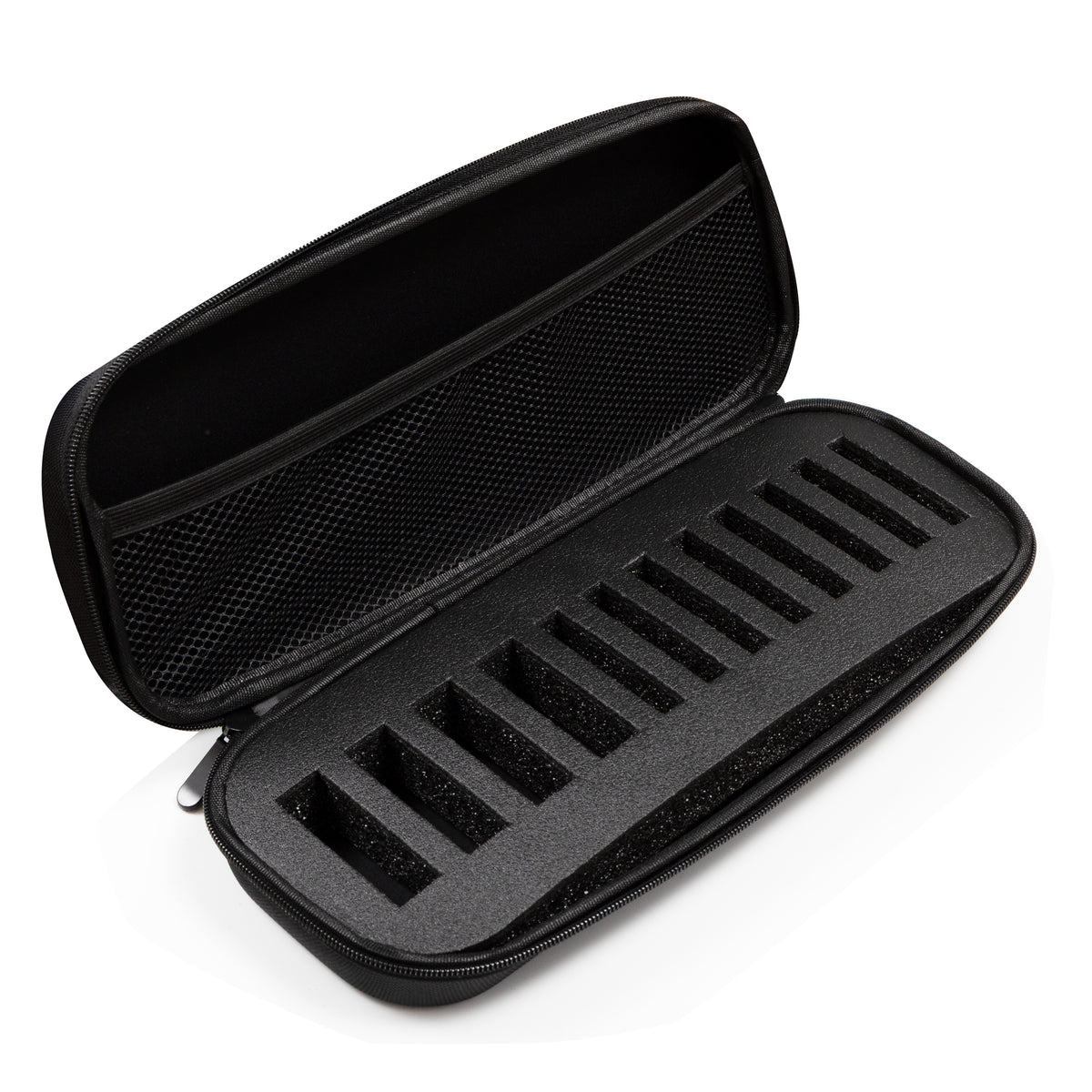 Black hard-shell clipper blade carrying case with foam interior on a white background.