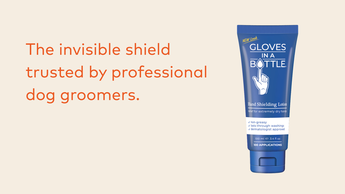 Tube of 'Gloves in a Bottle' hand shielding lotion with text on a beige background