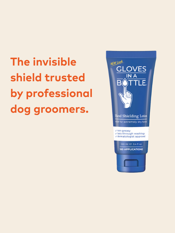 Blue tube of 'Gloves in a Bottle' hand shielding lotion on a beige background with text.