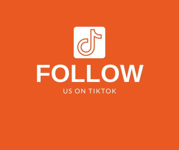 Orange background with TikTok logo and 'Follow Us on Tiktok' text