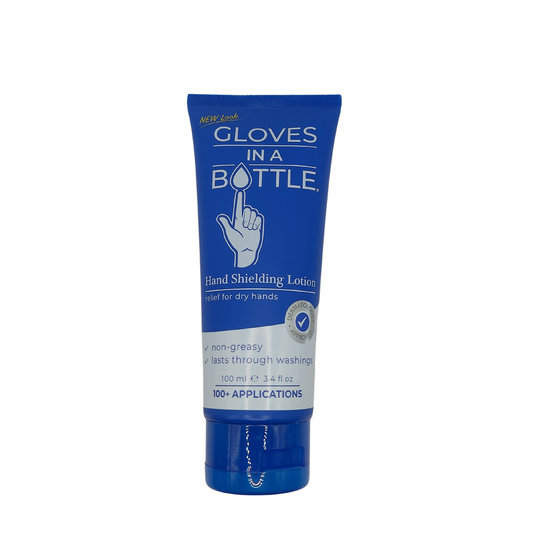 Blue tube of 'Gloves in a Bottle' hand shielding lotion on a white background