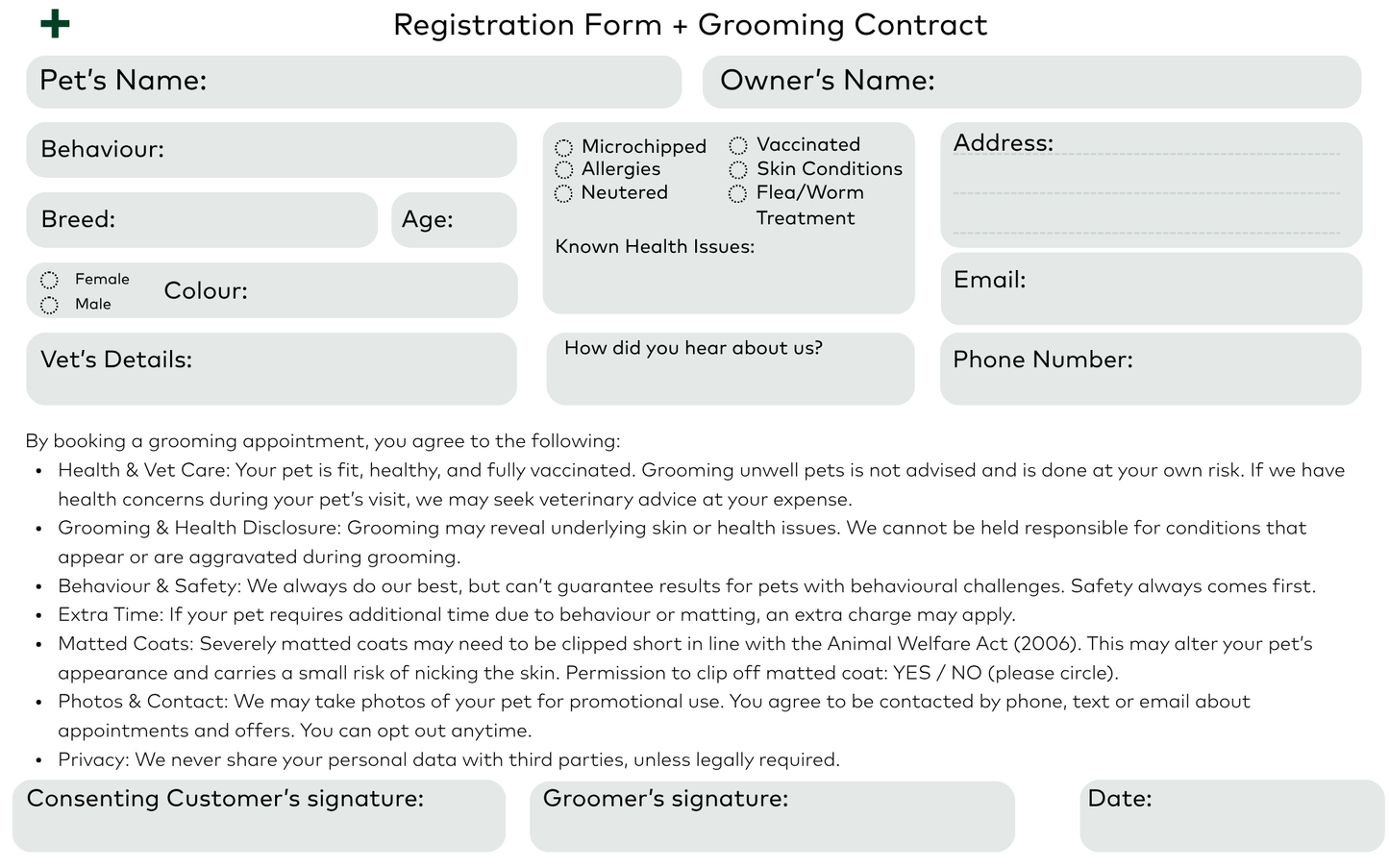Grooming Client Record Card - Free Printable and Editable template