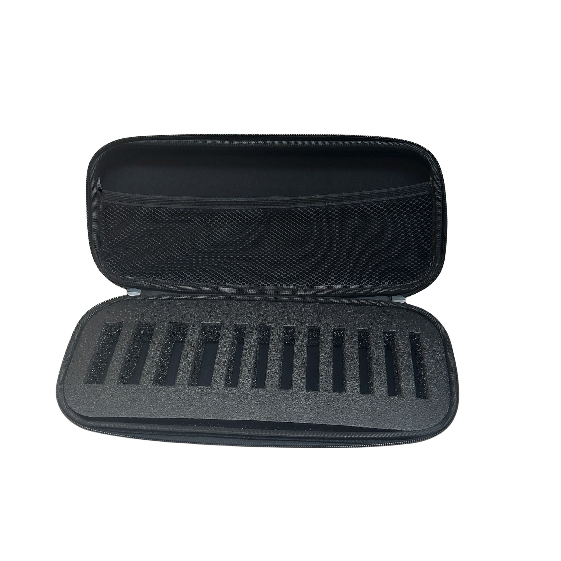 Interior view of blade storage case showing foam slots and internal pocket for grooming accessories.