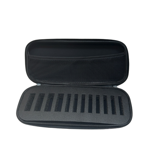 Interior view of blade storage case showing foam slots and internal pocket for grooming accessories.