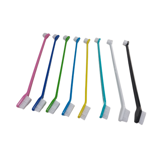 Set of ergonomic pet toothbrushes designed for professional dog grooming, displayed on a white background.