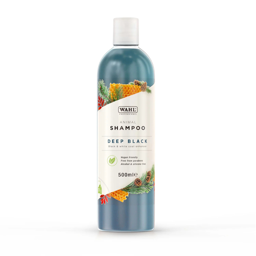 Wahl deep black shampoo bottle with natural ingredients on a white background.