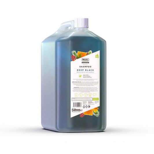 5L bottle of Wahl Deep Black shampoo on a white background.