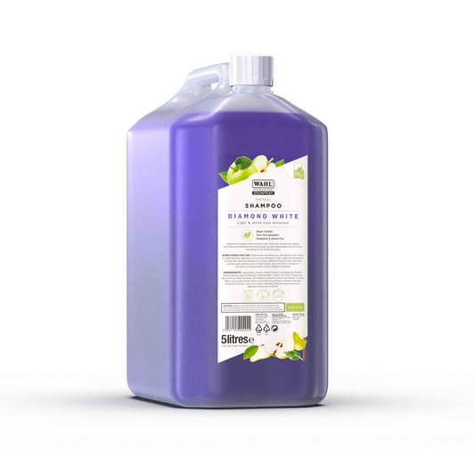 Wahl Diamond White 5L purple shampoo bottle with a label on a white background.
