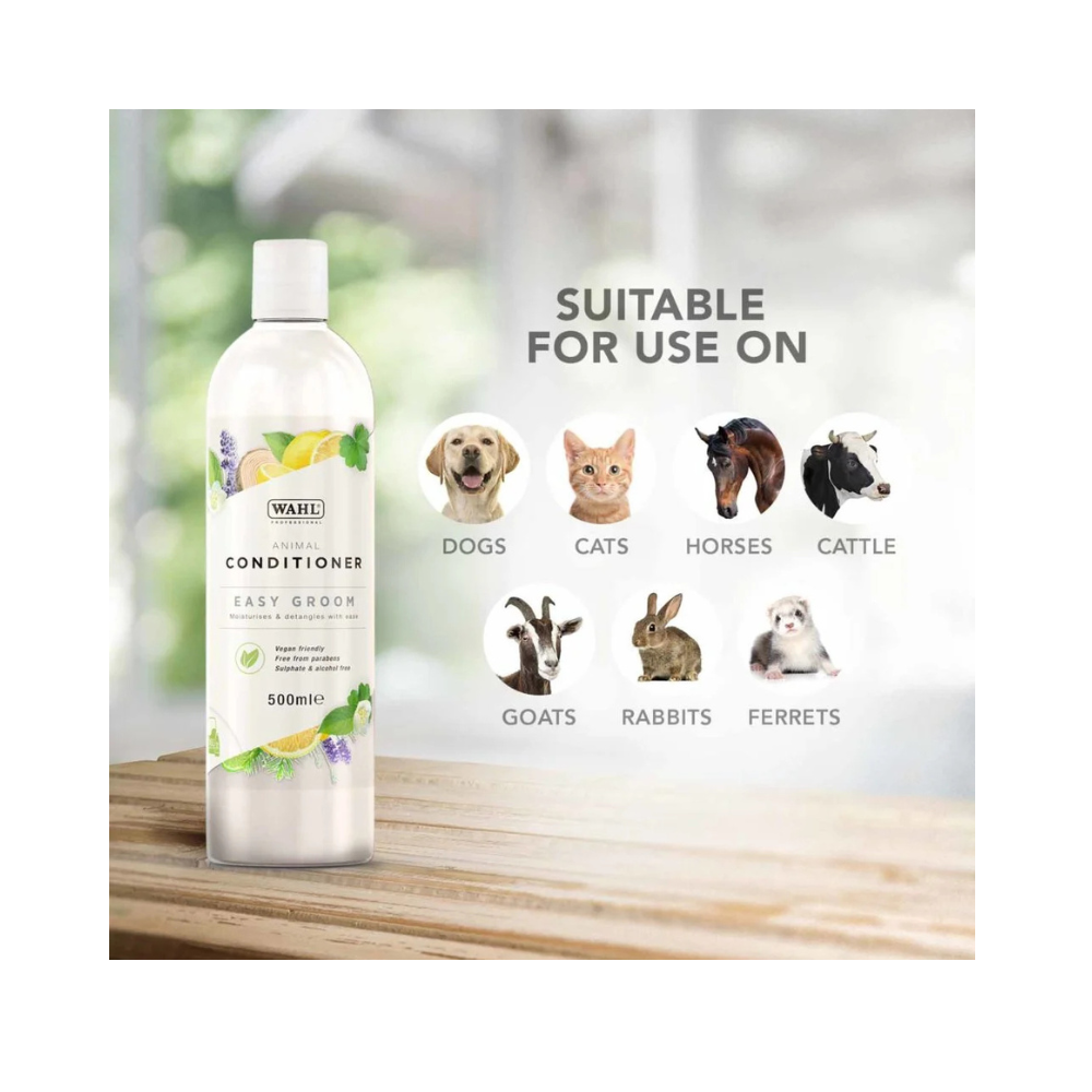 500ml Wahl pet conditioner bottle with animal suitability chart on a blurred background.