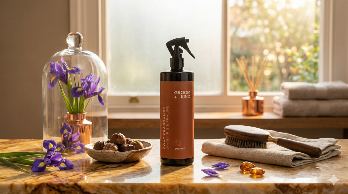 Groom + Kind warm iris and praline coat fragrance bottle with grooming tools on a textured brown fabric background