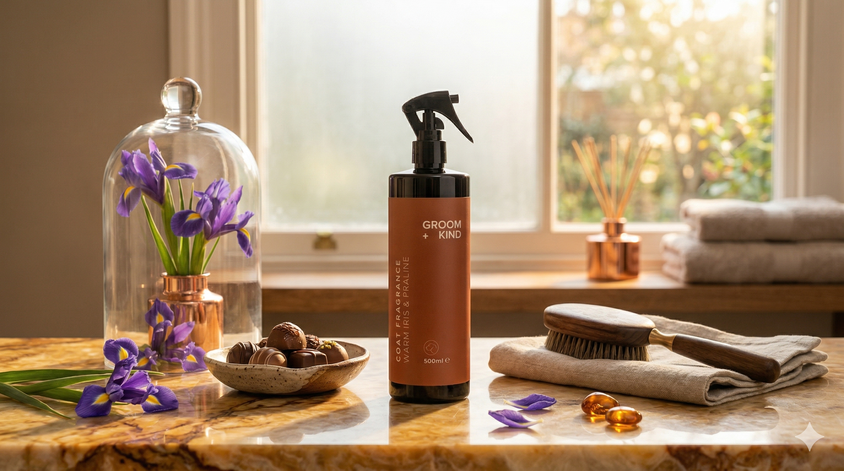 Groom + Kind warm iris and praline coat fragrance bottle with grooming tools on a textured brown fabric background