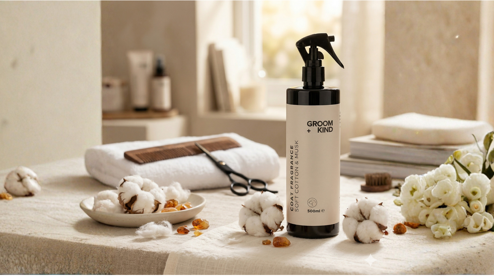 Bottle of 'Groom & Kind' soft cotton and musk coat fragrance on a table with cotton and flowers in a calm setting
