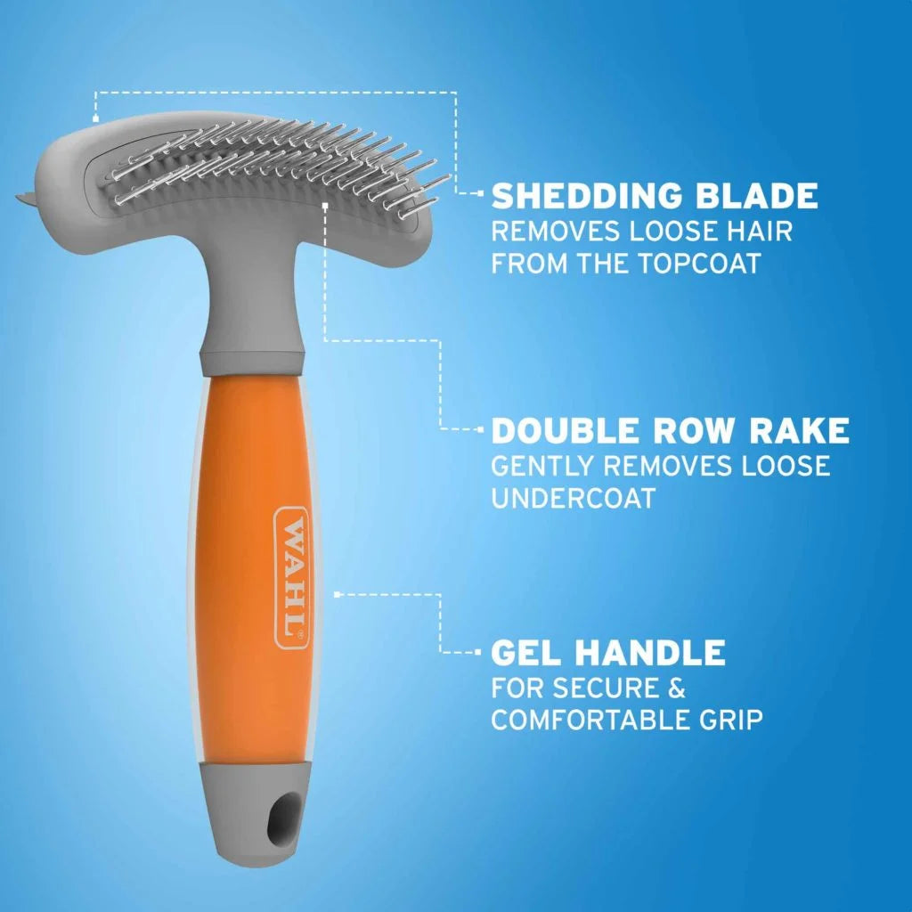 Annotated image showing the features of the double row rake and grooming blade