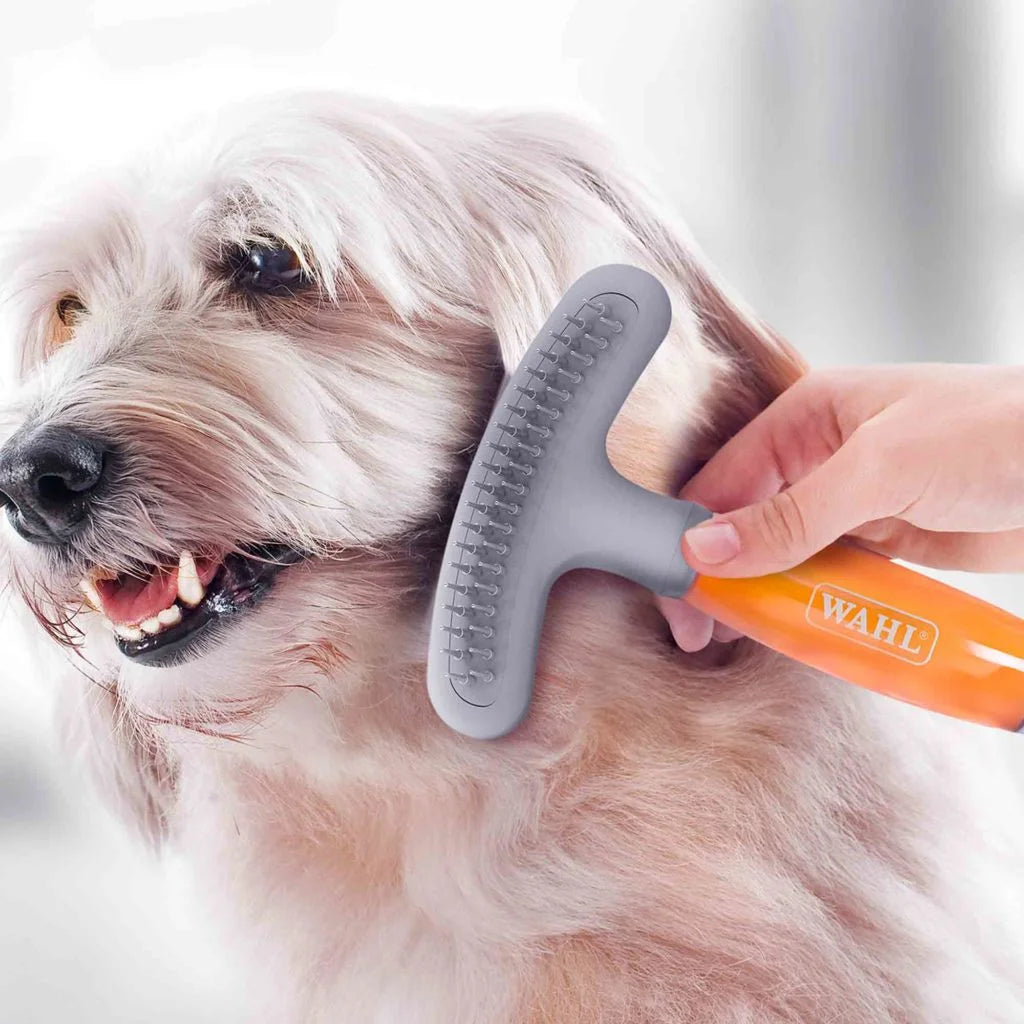 person grooming a long haired dog using the grooming blade